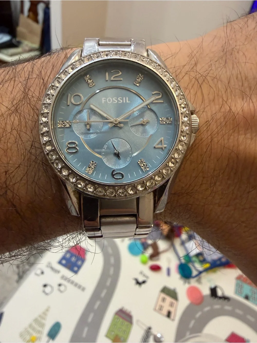 Fossil Riley ES3529 Silver Stainless Steel Light Blue Dial Crystal Unisex Watch